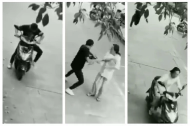 (INSTANT KARMA) Pokušao da joj ukrade torbicu pa ostao bez motora