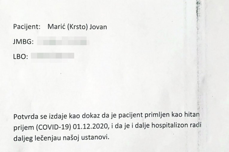 Dokaz da je Marić bio u bolnici