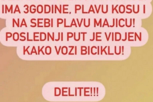 NESTALO DETE U BLOKU 45: Svi traže Antonija (3), poslednji put viđen kako vozi bicikl