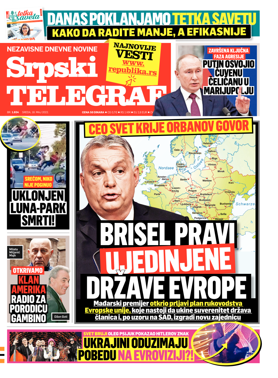 Naslovna strana Srpskog telegrafa za 18.05.2022.