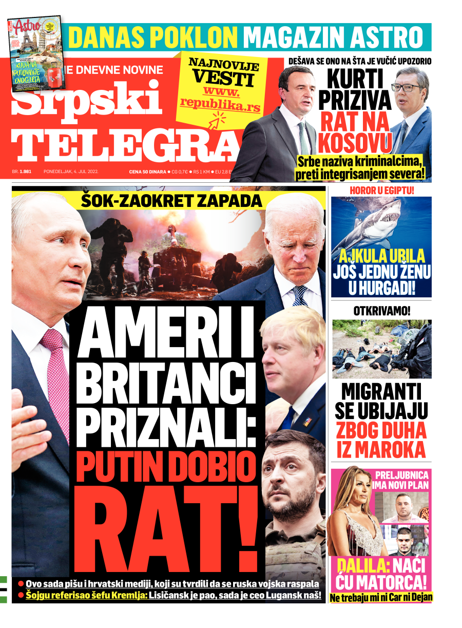 Štampano izdanje Srpskog telegrafa za 4.jul 2022.