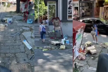 KARAMBOL NA DUŠANOVCU: Leteo preko trotoara, pokosio sve pred sobom, prodavac pukom srećom ostao živ (VIDEO)