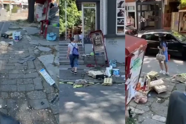 KARAMBOL NA DUŠANOVCU: Leteo preko trotoara, pokosio sve pred sobom, prodavac pukom srećom ostao živ (VIDEO)