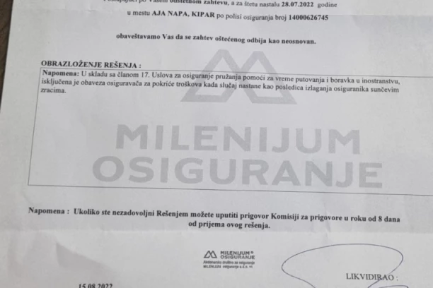 ODGOVOR MILENIJUM OSIGURANJA na objavu na društvenoj mreži TVITER