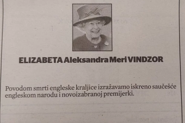 Neobična čitulja u Crnoj Gori: Restoran u Čanju se oprostio od kraljice Elizabete (FOTO)