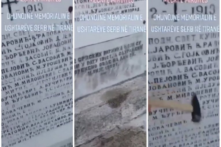 Urinirali po spomeniku sa imenima srpskih vojnika: VANDALI U TIRANI ČEKIĆEM OŠTETILI POSVETU NAŠIM JUNACIMA! (VIDEO)
