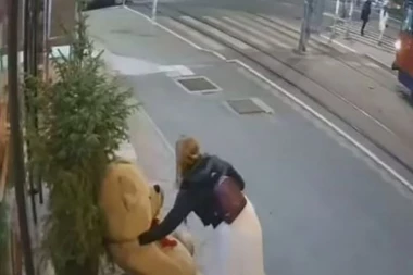 MOŽDA NIJE IMALA IGRAČKE KAD JE BILA MALA?! Bizarna krađa na Trošarini: Devojka ukrala PLIŠANOG MEDU ispred kafića! (VIDEO)