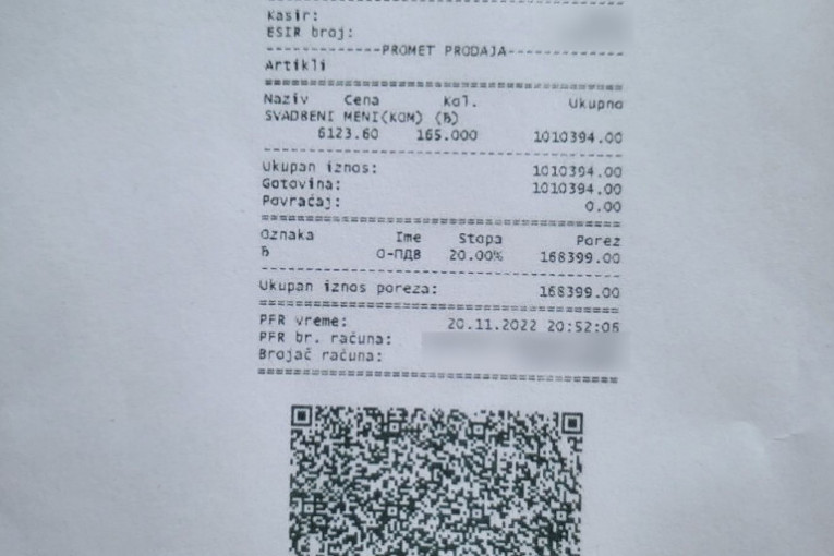 Račun za plaćeni meni