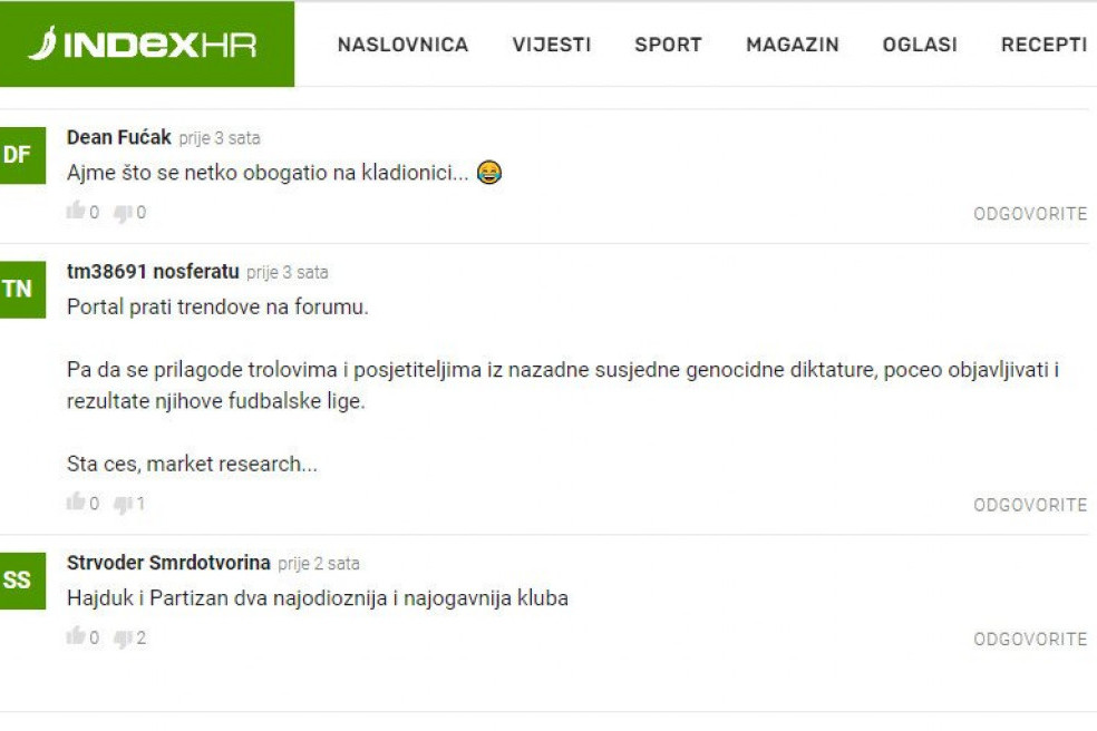 Komentari na poraz Partizana od Radnika na portalu "Index.hr"
