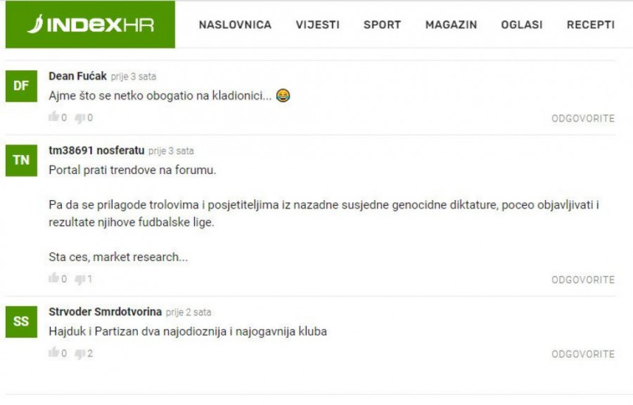 Komentari na poraz Partizana od Radnika na portalu "Index.hr"