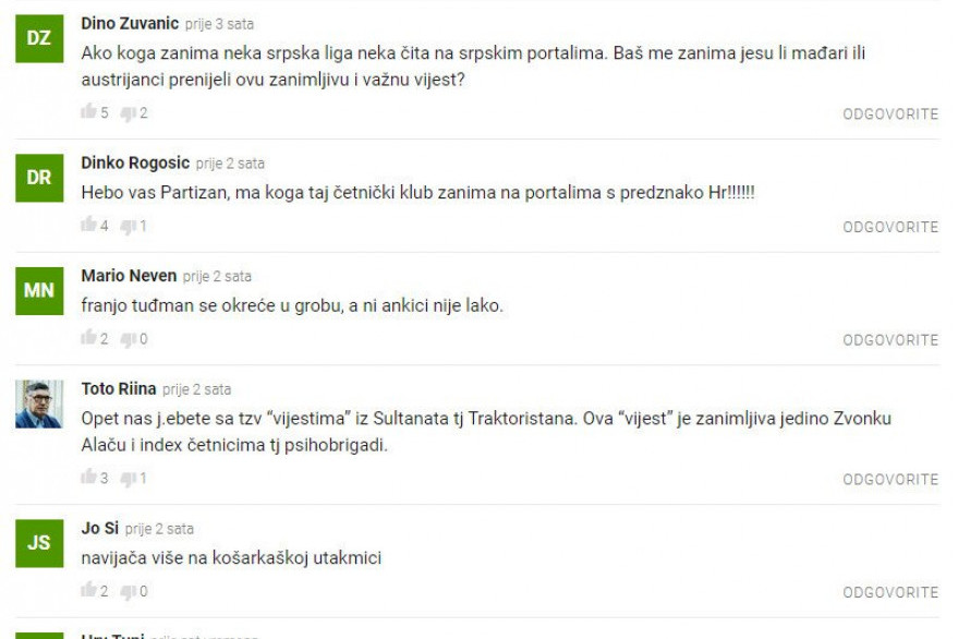 Komentari na poraz Partizana od Radnika na portalu "Index.hr"