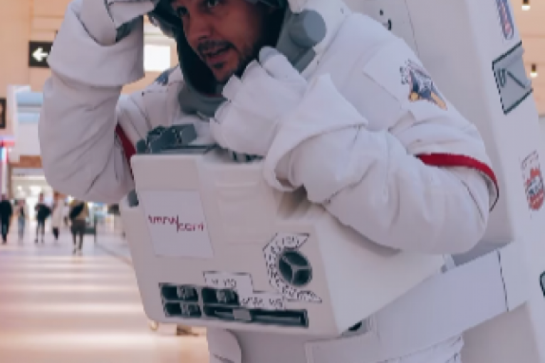 Miloš Biković kao kosmonaut u odelu