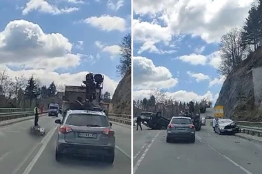 JEDNO PREVRNUTO, DRUGO VOZILO SMRSKANO! Jeziva saobraćajka na ulazu na Zlatibor (VIDEO)