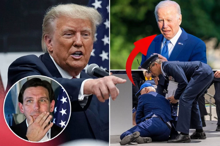 OGLASILI SE GLAVNI RIVALI: Tramp i Desantis reagovali na Bajdenov najnoviji pad na otvorenoj sceni (FOTO, VIDEO)