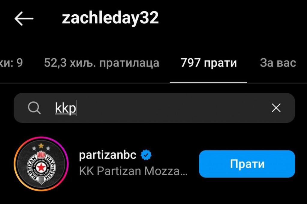 Zek Ledej prati KK Partizan na Instagramu