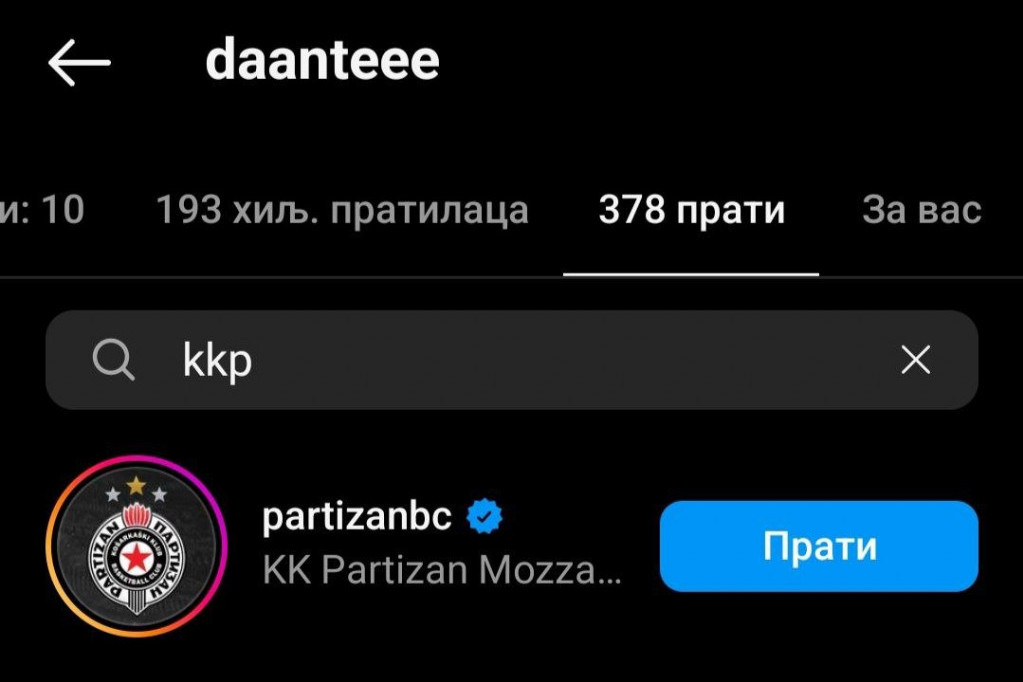 Dante Egzum prati KK Partizan na Instagramu