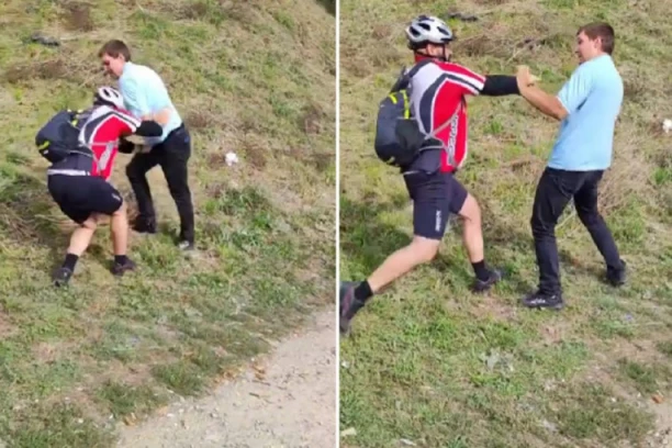 DRAMA NA PANČEVAČKOM MOSTU! Biciklista pesniči vozača autobusa i šutira ga, JEZIV prizor uznemirio građane! (VIDEO)