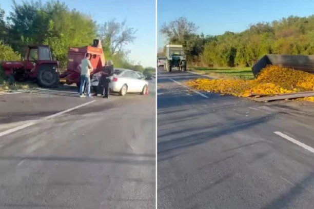 KARAMBOL! SUDAR DVA TRAKTORA I AUTOMOBILA KOD KOSTOLCA! Kukuruz rasut po celom putu! (VIDEO)