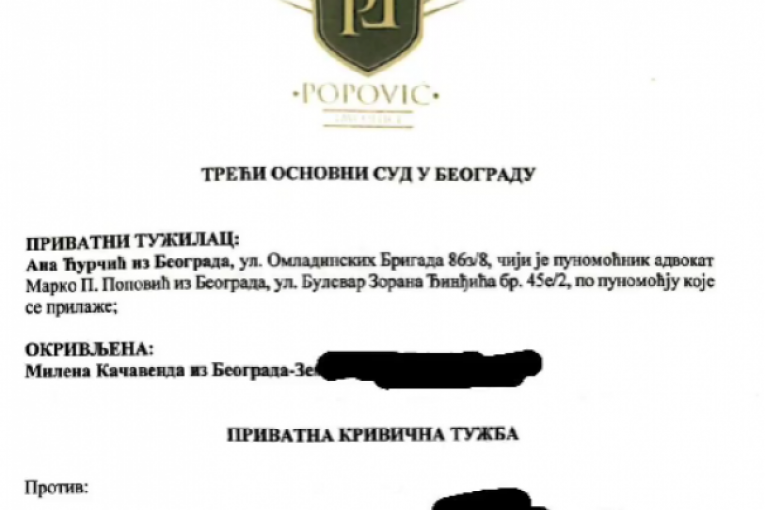 Ana Ćurčić podnela tužbu protiv Milene Kačavende i Marka Đedovića