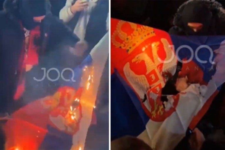IZIGRAVAJU JUNAKE VELIKE ALBANIJE, A NI LICE NE SMEJU DA POKAŽU! Grupa ekstremista sinoć palila srpsku zastavu u Tirani - haos na trgu Skenderbej! (VIDEO)