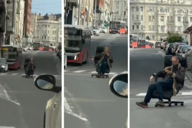 OVA SCENA SE JEDNOM VIĐA: Čovek nasred ulice, na Zelenom Vencu, "vozi" fotelju i ne obazire se na saobraćaj!