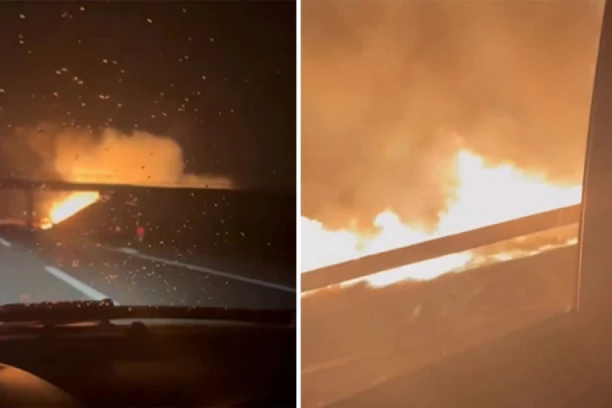 VELIKI POŽAR KOD NAPLATNE RAMPE STARA PAZOVA! Ogroman plamen se širi duž auto-puta! OD DIMA SE JEDVA DIŠE! (VIDEO)