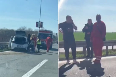SAOBRAĆAJKA KOD ISKLJUČENJA ZA AERODROM! Automobil potpuno smrskan, na licu mesta EKIPA HITNE POMOĆI! (VIDEO)