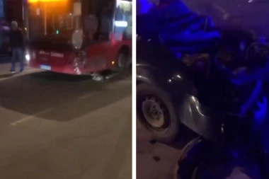 UŽAS U BEOGRADU: Jak sudar autobusa i automobila u naselju Jajinci, delovi rasuti po putu! (VIDEO)