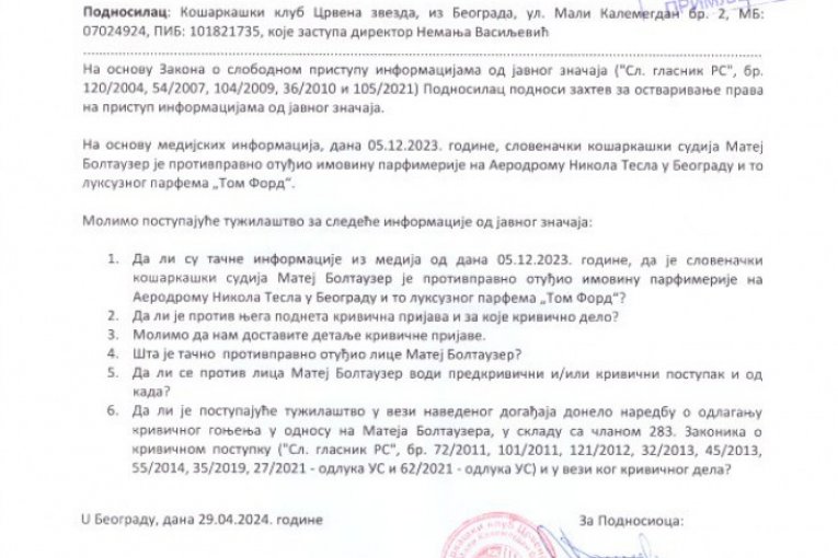 Odgovor tužilaštva po navedenom zahtevu