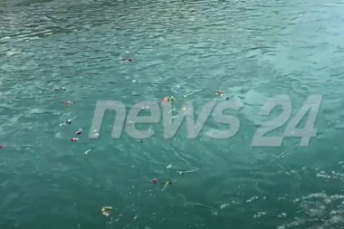POTRESNE SCENE U SKADRU, LJUDI BACAJU CVEĆE U REKU BOJANU: Okupili se na mestu sa kog se Alma sa decom bacila u ledenu vodu (VIDEO)