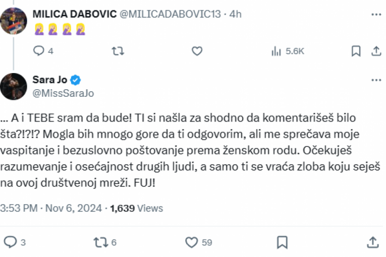 Sara Jo i Milica Dabović svađa twitter X iks