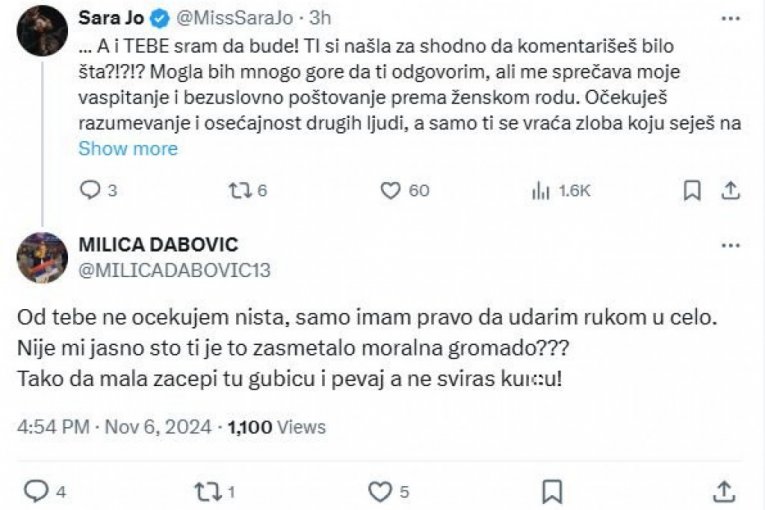 Sara Jo i Milica Dabović svađa twitter X iks