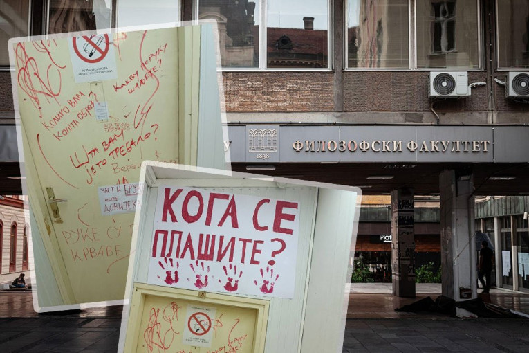 SKANDAL NA FILOZOFSKOM FAKULTETU U NIŠU! Blokaderi crtali krvave ruke na vratima profesora Pešića jer se usudio da misli drugačije!
