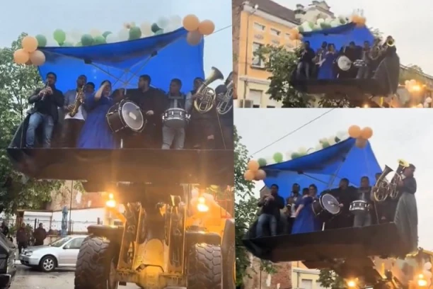 SPEKTAKL ZA KRAJ ŠKOLE! Maturantkinja u haljini izlazi iz bagera, trubači je prate – snimak "gori" na mrežama! (VIDEO)