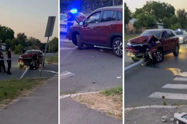 AUTOMOBIL SE ZAKUCAO U BANDERU NA BEŽANIJSKOJ KOSI! Stub ulične rasvete POKOŠEN, prednji deo vozila SMRSKAN! (VIDEO)