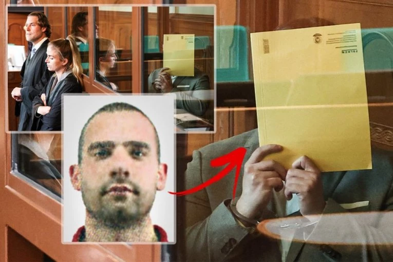 DŽONI SA VRAČARA IZA NEPROBOJNOG STAKLA, SA LISICAMA I U ODELU! Prve slike iz sudnice u Berlinu! Krio lice iza fascikle, EVO KOME JE POSLAO POLJUBAC! (FOTO)