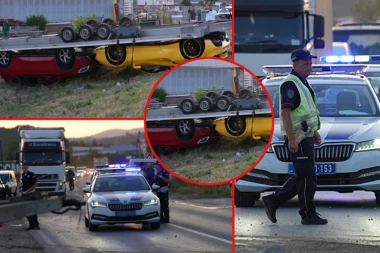 FERARI I MERCEDES PREVRNUTI NA KROV! Nesreća u Preljini: Vozaču auto-prikolice pukla guma pa nastao HAOS (FOTO)