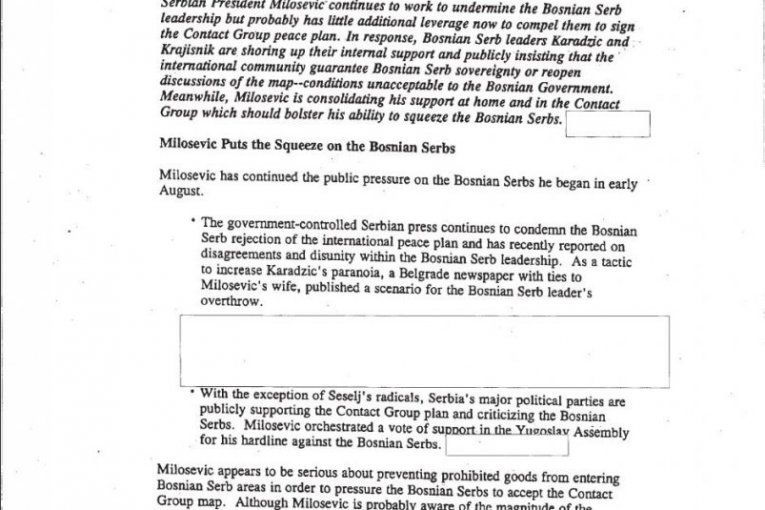 Izveštaj dostavljen u Lengli (centrala CIA) 23. novembra 1994, pod oznakom "top sikret" (strogo poverljivo)