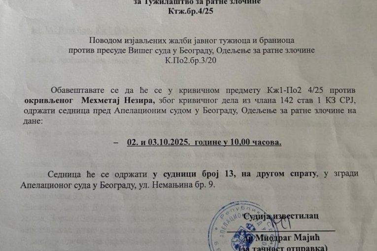Rešenje Apelacionog suda o oslobađanju Nezira Mehmetaja