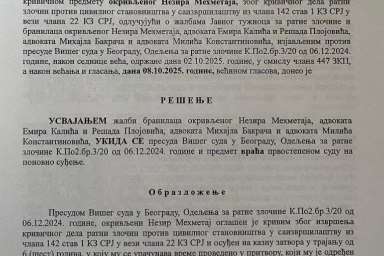 Rešenje Apelacionog suda o oslobađanju Nezira Mehmetaja