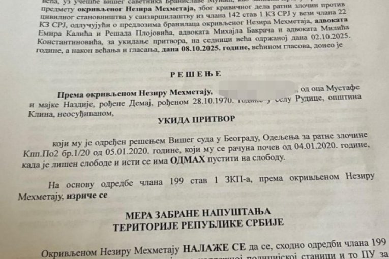 Rešenje Apelacionog suda o oslobađanju Nezira Mehmetaja