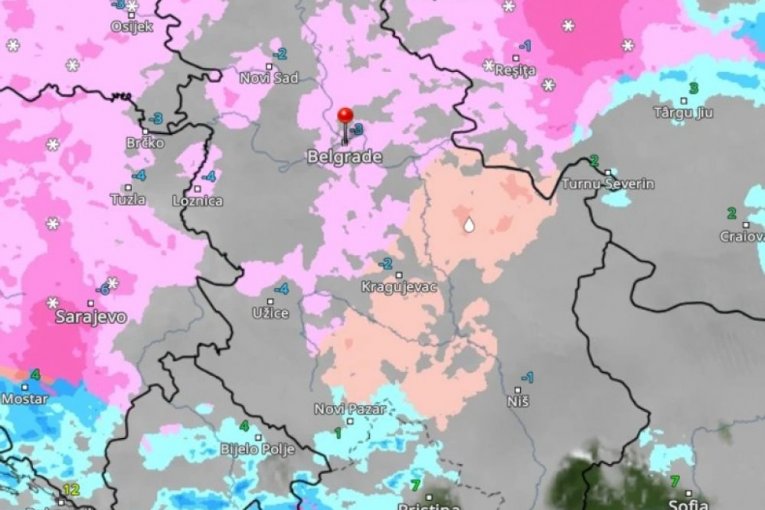 Roze boja označava sneg, a crvena ledenu kišu.