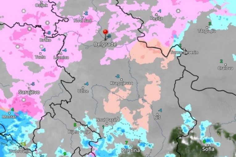 Roze boja označava sneg, a crvena ledenu kišu.