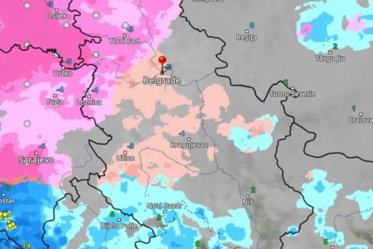 Roze boja označava sneg, a crvena ledenu kišu.