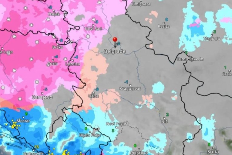 Roze boja označava sneg, a crvena ledenu kišu.