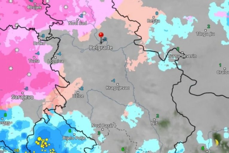 Roze boja označava sneg, a crvena ledenu kišu.