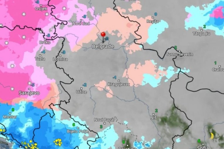 Roze boja označava sneg, a crvena ledenu kišu.