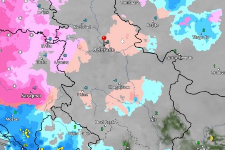 Roze boja označava sneg, a crvena ledenu kišu.