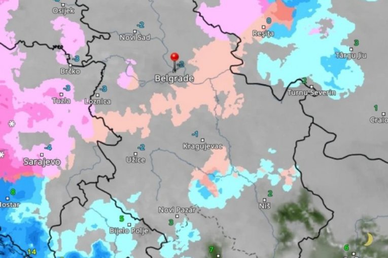 Roze boja označava sneg, a crvena ledenu kišu.