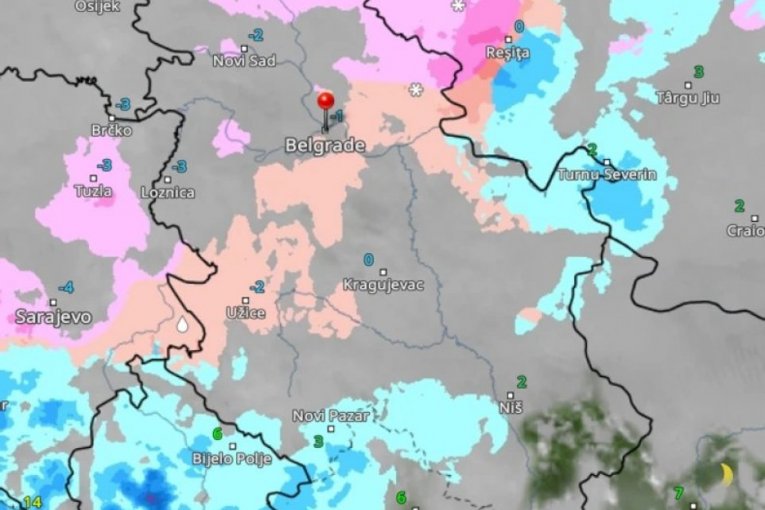 Roze boja označava sneg, a crvena ledenu kišu.